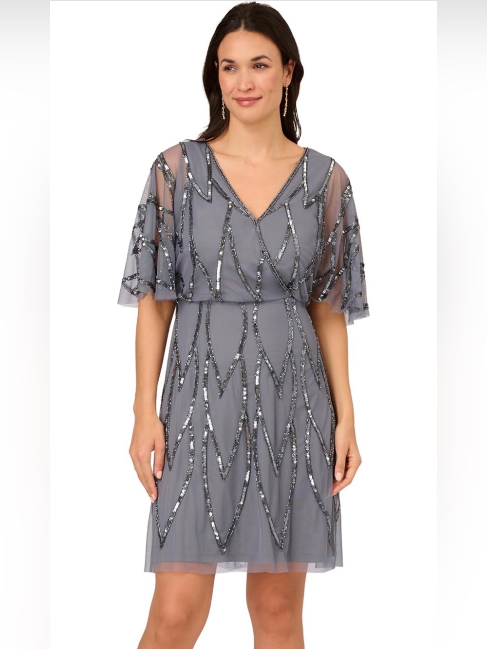 Adrianna Papell Silver-Gray Sequin V-Neck Midi Dress